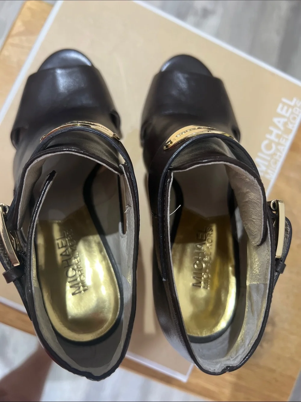 Michael Kors Dark Brown Leather Peep-Toe Cutout Heels with Gold Plaque